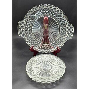 Vintage Anchor Hocking Waterford Waffle Glass Serving Platter + 2 Plates JJ4027
